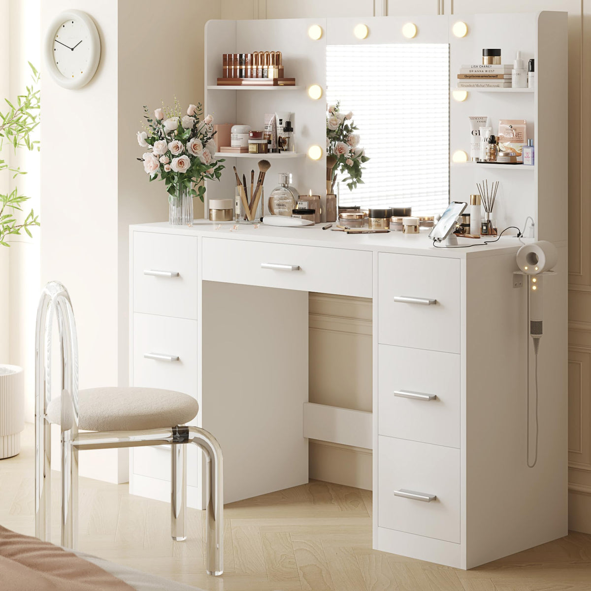 YESHOMY Vanity Desk with Mirror, Outlet, 10 Lights & 7 Drawers,Pure White