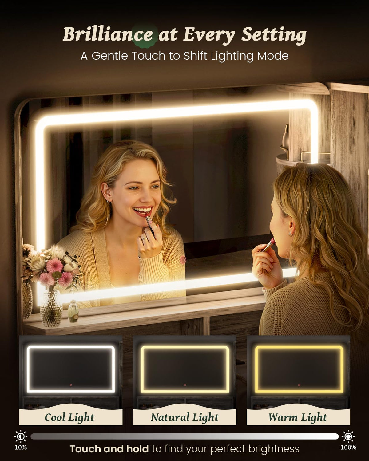 47" Makeup Vanity Desk with LED light and mirror, Retro white vanity table
