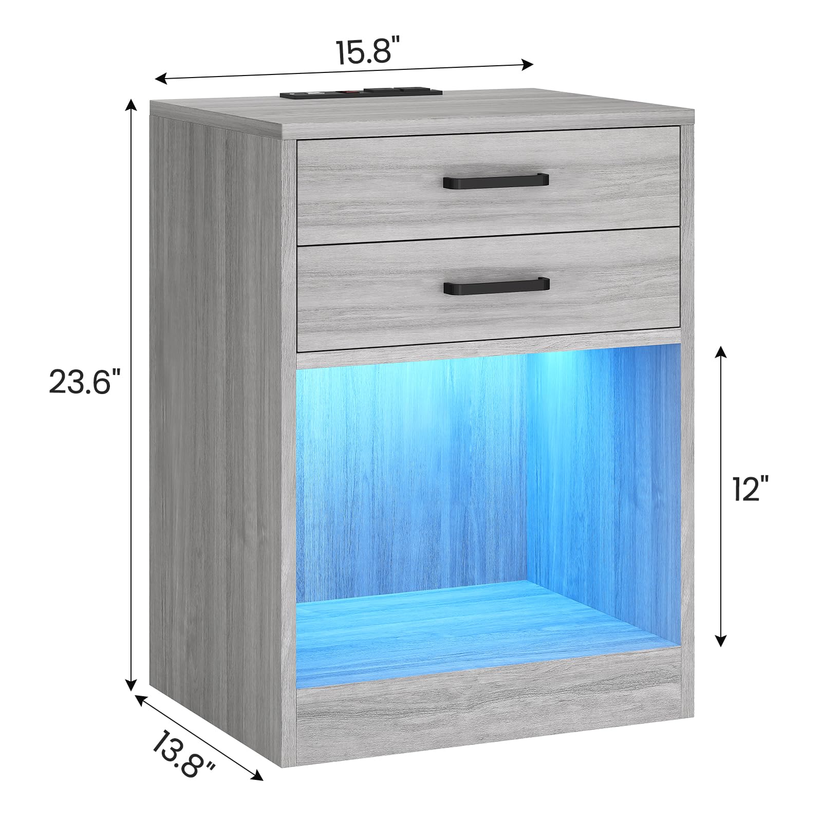 ADORNEVE LED Nightstands Set of 2,Night Stands for Bedrooms Set of 2,Nightstand with Charging Station and LED Lights,Bedside Table with Drawers & USB Ports (Grey)