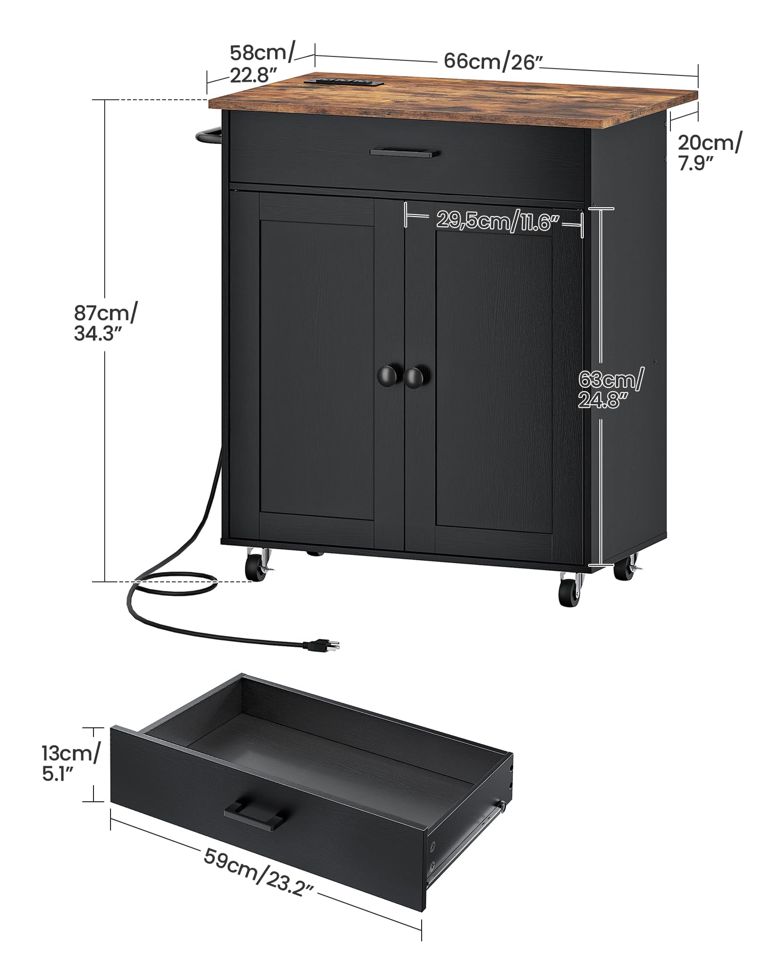 Kitchen Island Cart with Drop Leaf, Power Strip, Cabinet & Drawer