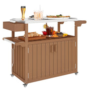 Outsunny Outdoor Bar Cart with Storage Cabinet, Stainless Steel Top Kitchen Island on Wheels, HDPE Outdoor Bar Table, Movable Patio Beverage Food Prep Table for BBQ Picnic, Brown