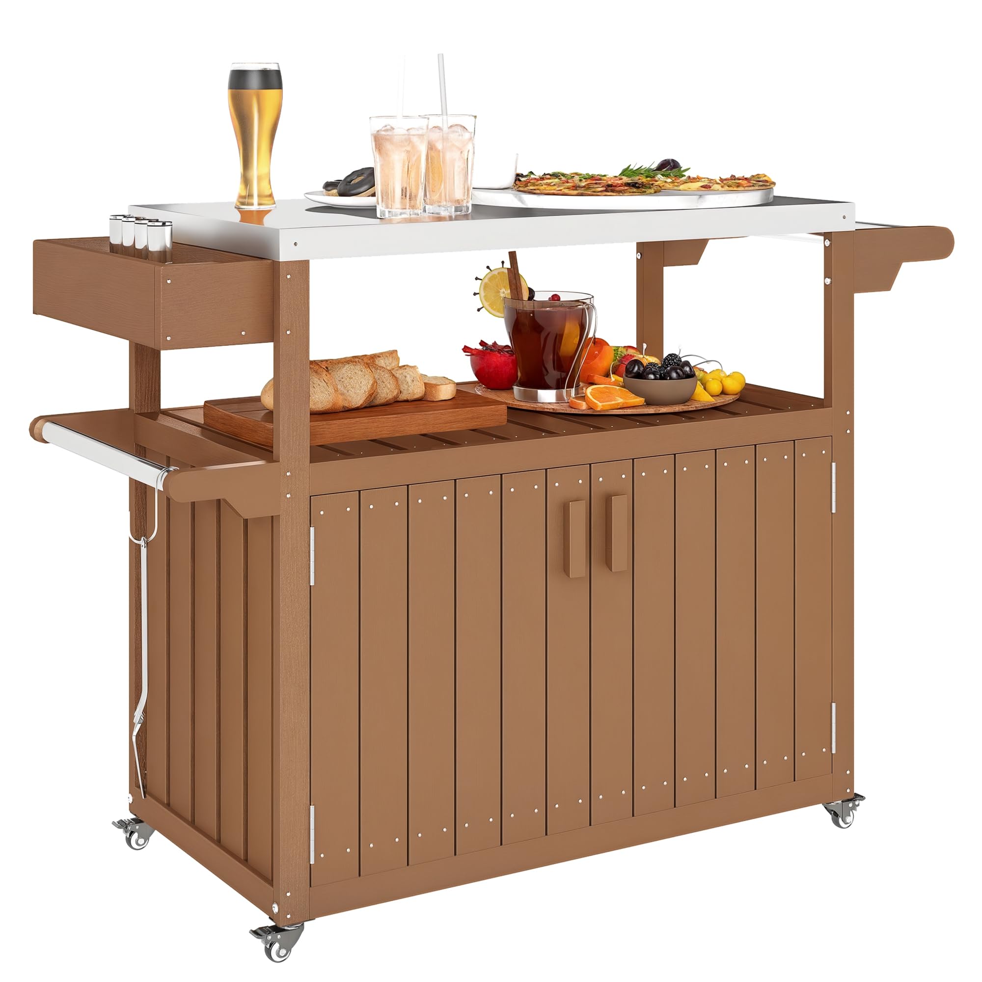 Outsunny Outdoor Bar Cart with Storage Cabinet, Stainless Steel Top Kitchen Island on Wheels, HDPE Outdoor Bar Table, Movable Patio Beverage Food Prep Table for BBQ Picnic, Brown