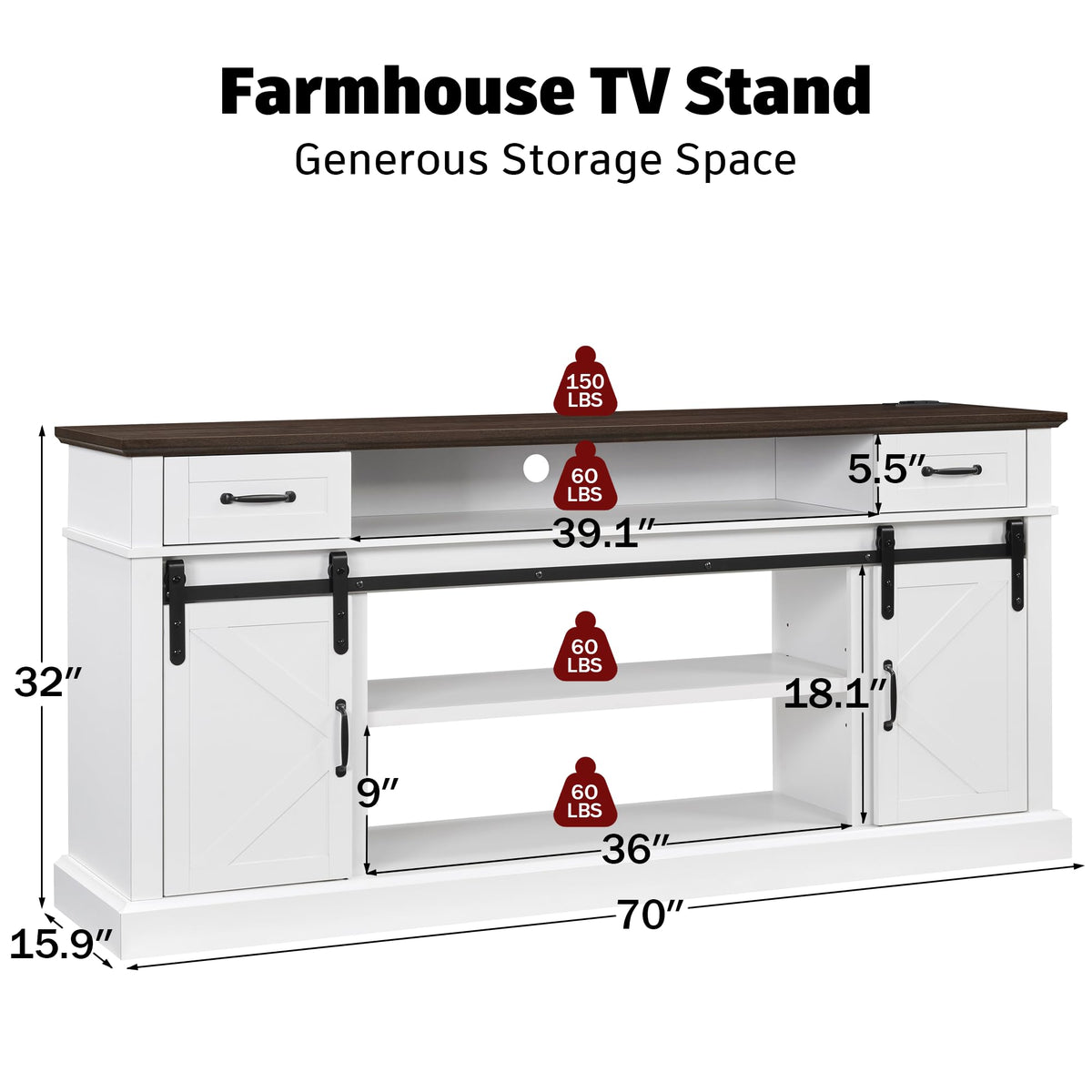 70" Farmhouse TV Stand w/LED for 70-80in TVs, 32" Tall Entertainment Center