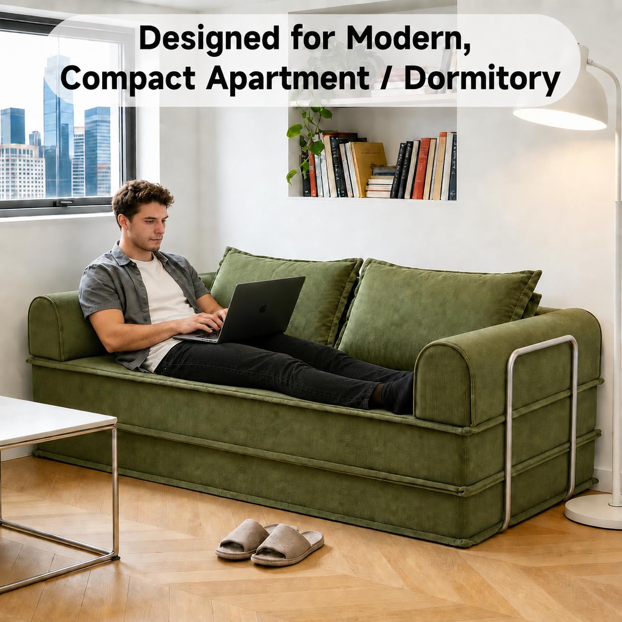 79" Futon Sofa Bed, Convertible Sofa Bed with Fixed-Shape Frame, 5-in-1 Cloud Boneless Couch with Corduroy Cover, Compressed Sleeper Sofa Bed in a Box, Boneless Loveseat Daybed for Living Room Green