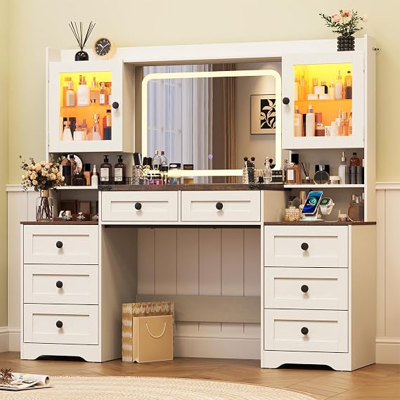 60" Farmhouse Makeup Vanity Desk with LED Mirror & Charging Station