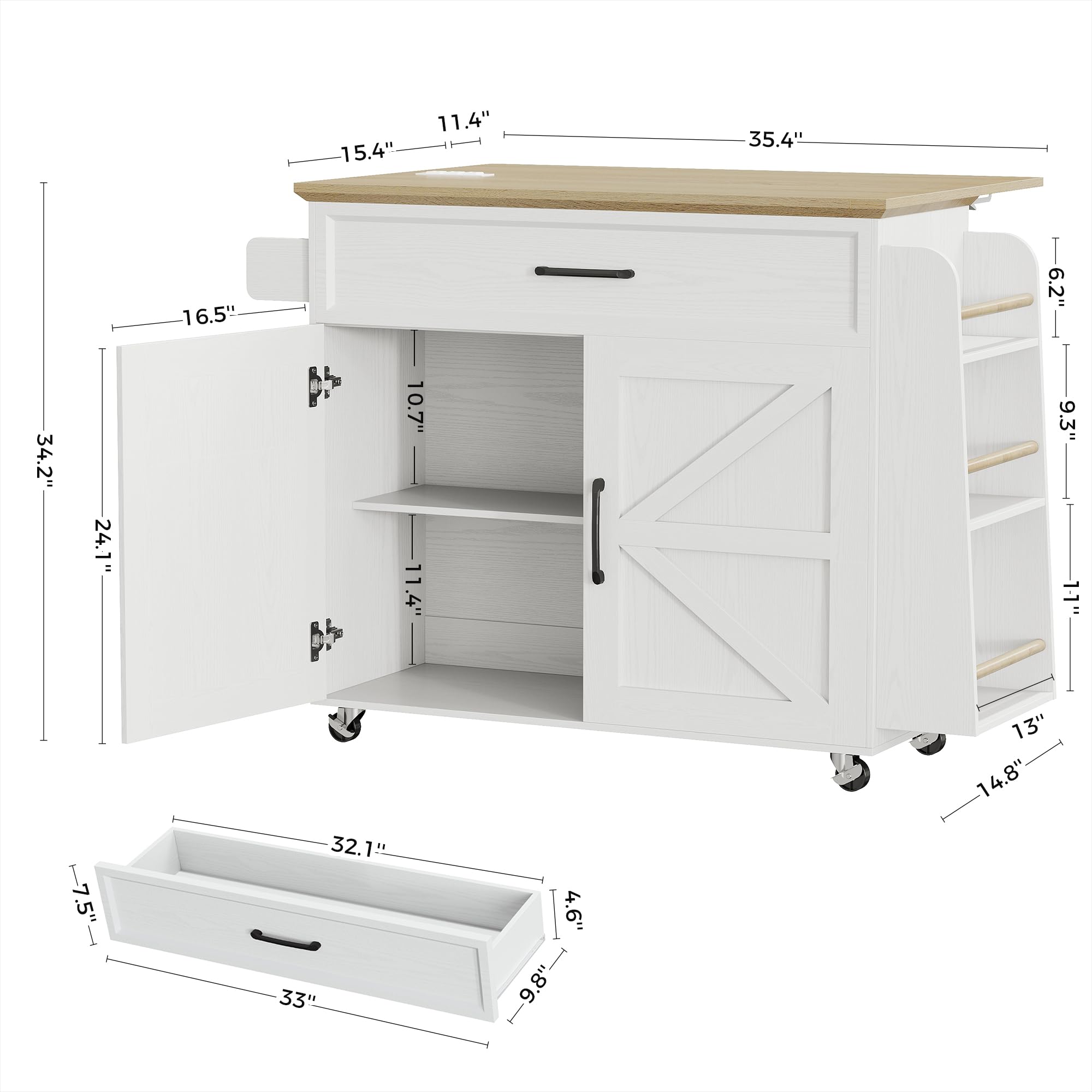 Kitchen Island Cart with Power Outlet & Drop Leaf