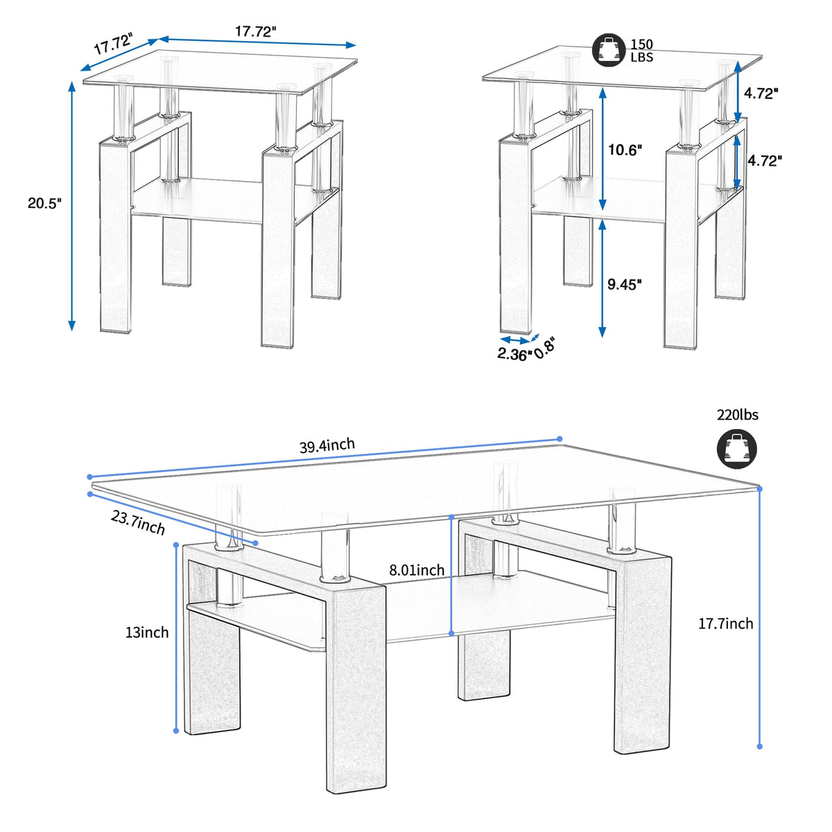 3 Piece Living Room Table Set, Glass Coffee Table and End Table Set of 3, Coffee Table Set with Tempered Glass & Metal Legs for Livingroom Table, Bedroom Nightstand. (Style 1, Black Glass+Black Leg)