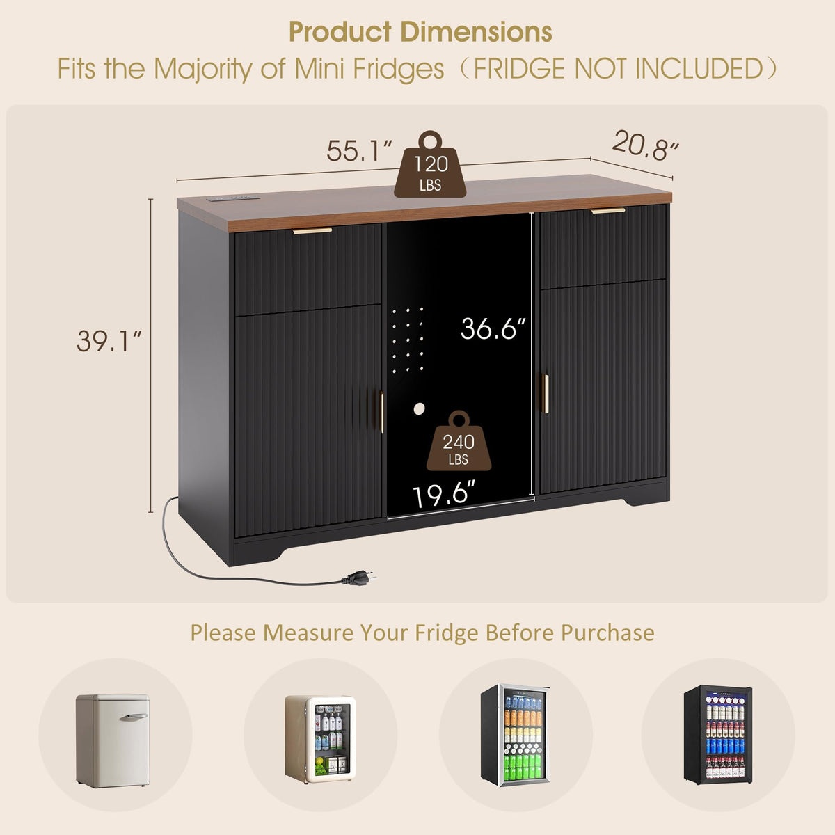 Alohappy 55" Coffee Bar Cabinet with Charging Station & Fridge Space