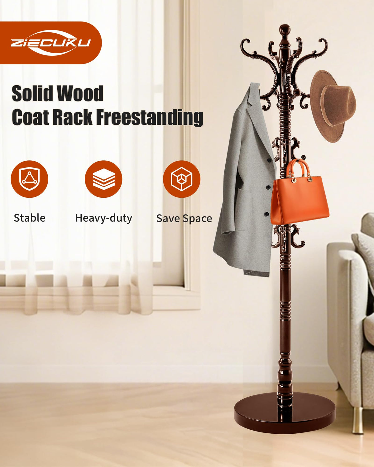 ZIECUKU Coat Rack Freestanding,Solid Wood Vintage Hall Tree with 14 Hooks