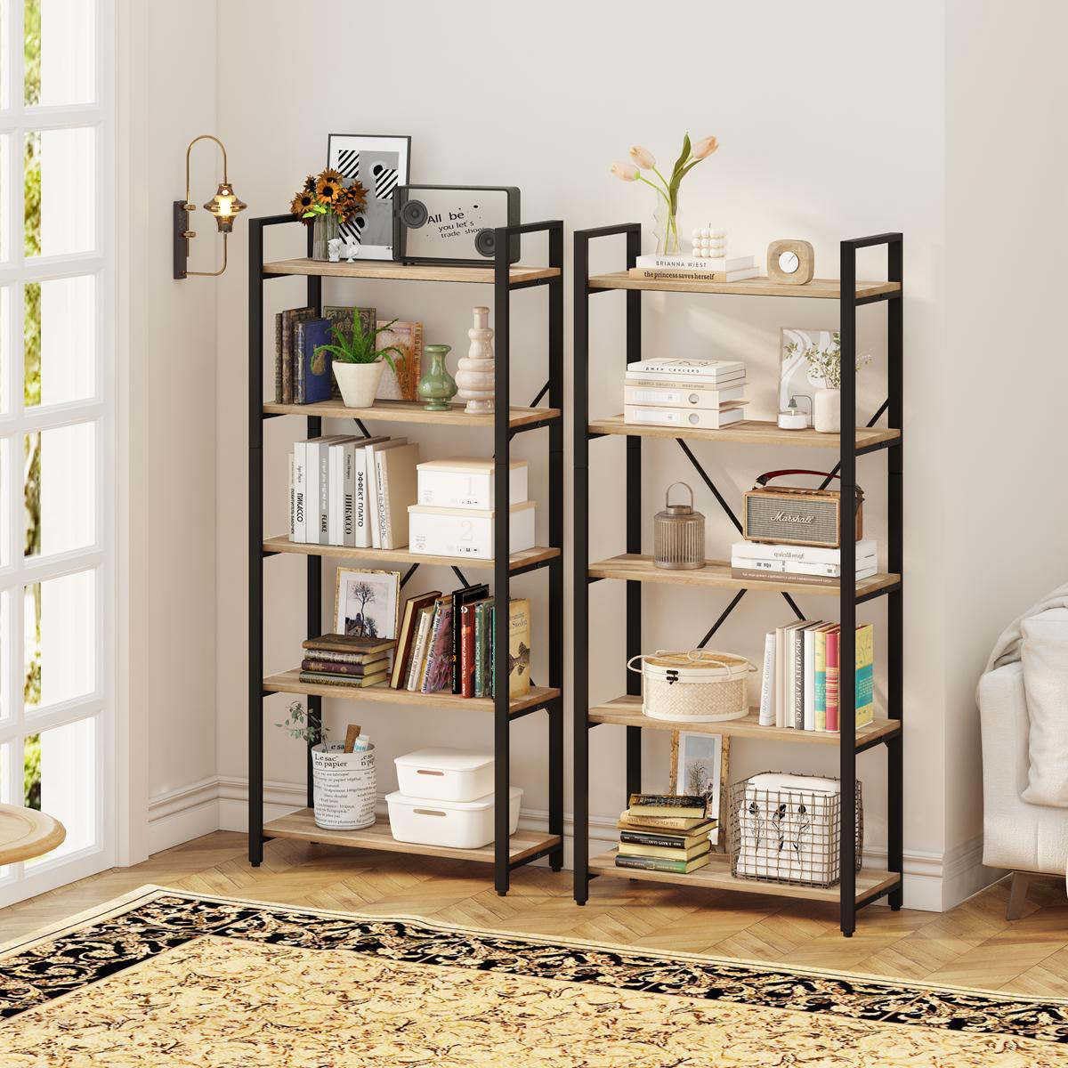 5-Tier Industrial Bookshelf with Metal Frame