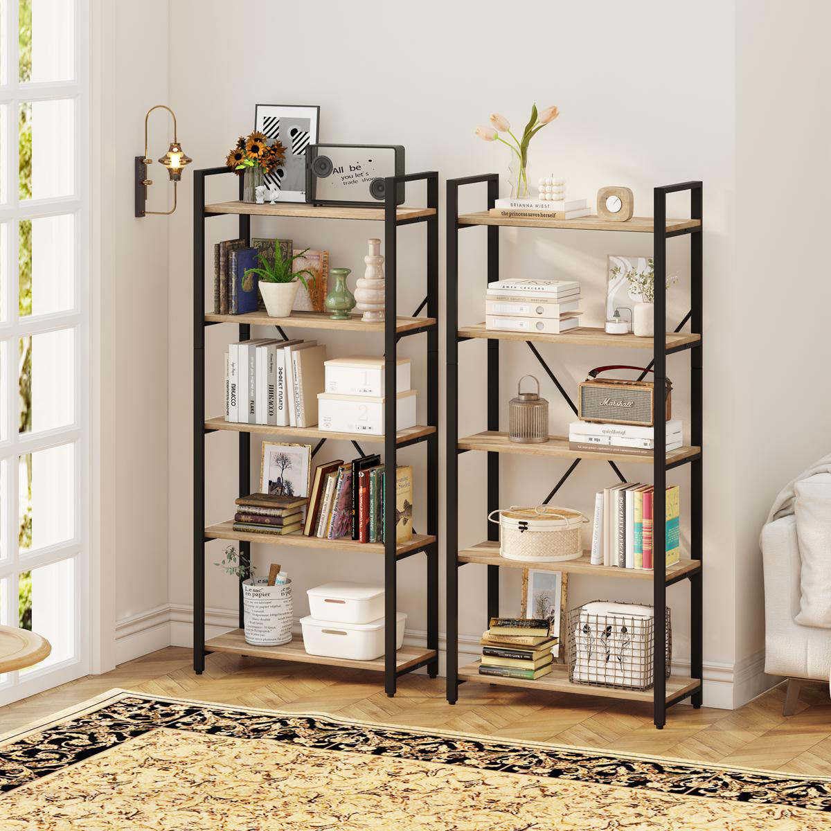 5-Tier Industrial Bookshelf with Metal Frame