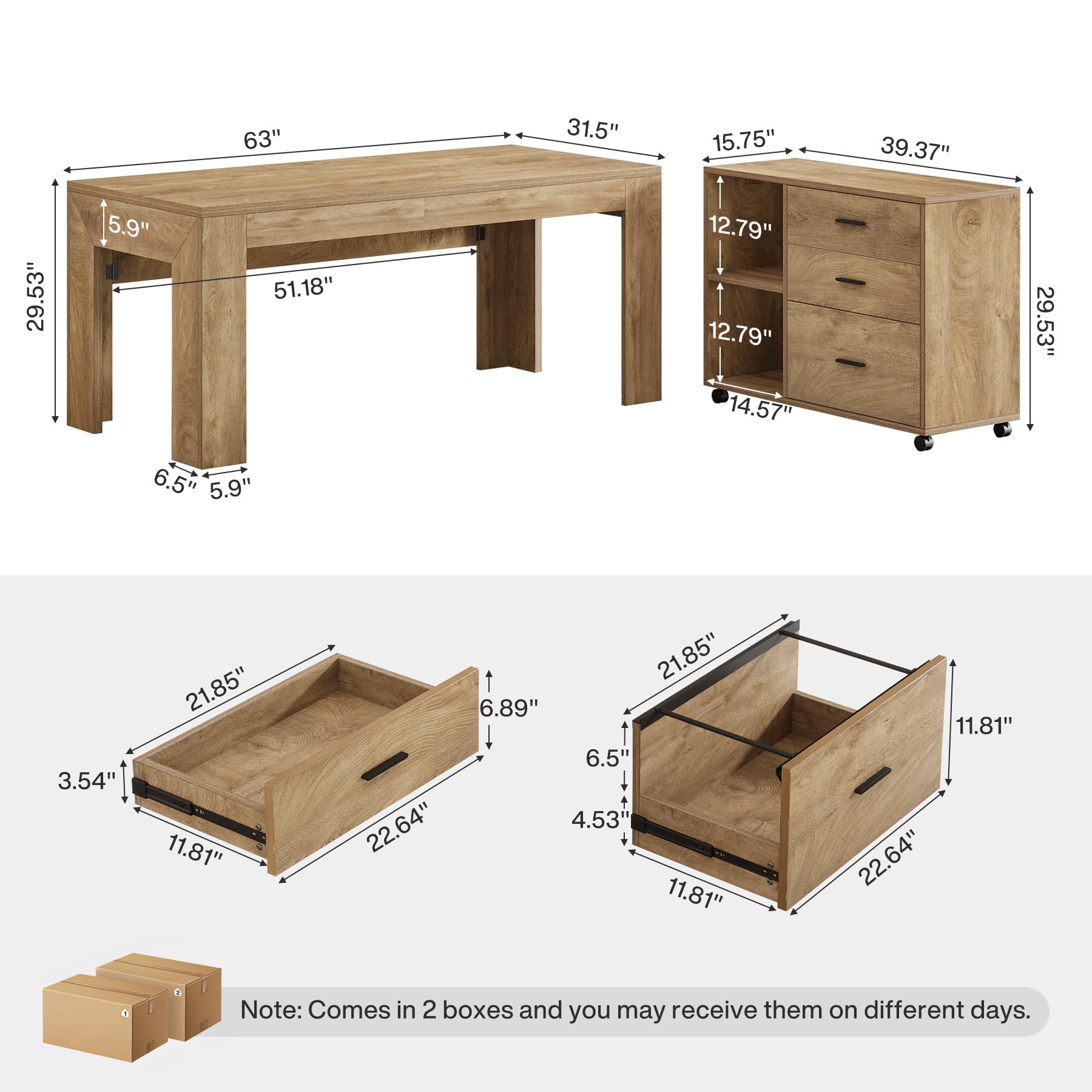 Tribesigns 63'' L Shaped Office Desk with Drawers and Shelves,Large Executive Desk with Rolling File Cabinet Combo,Home Office Computer Desk,Brown