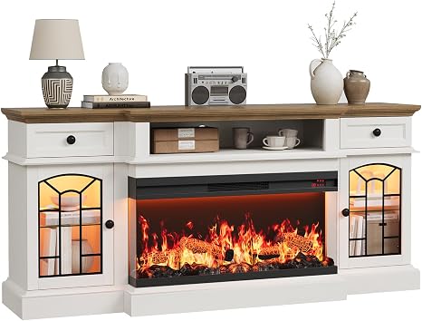 70" Farmhouse Fireplace TV Stand with 3-Sided Electric Fireplace