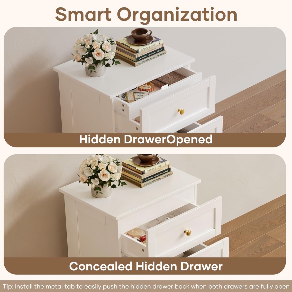 wanan Nightstands Set of 2 with Hidden Drawer, White and Gold