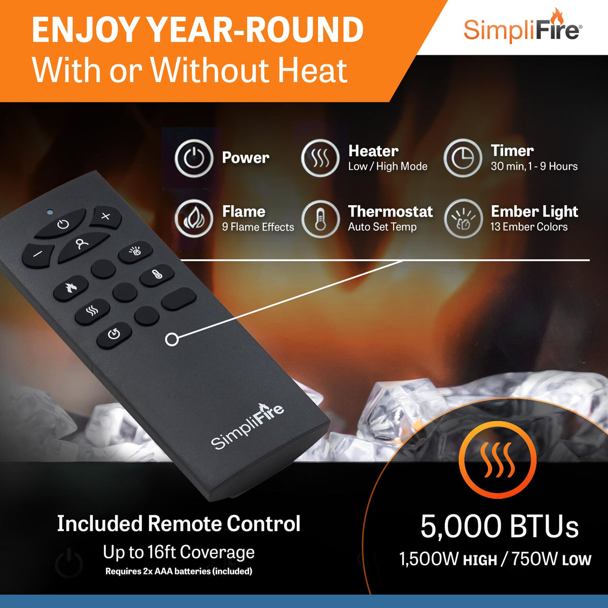 SimpliFire Allusion Slim 60" Electric Fireplace, Fully Recessed or Wall Mounted, 9 Flame Colors, Black & Clear Crystals, Logs, 13 Ember Bed Colors, Remote Control, Adjustable Heat, 750-1500W