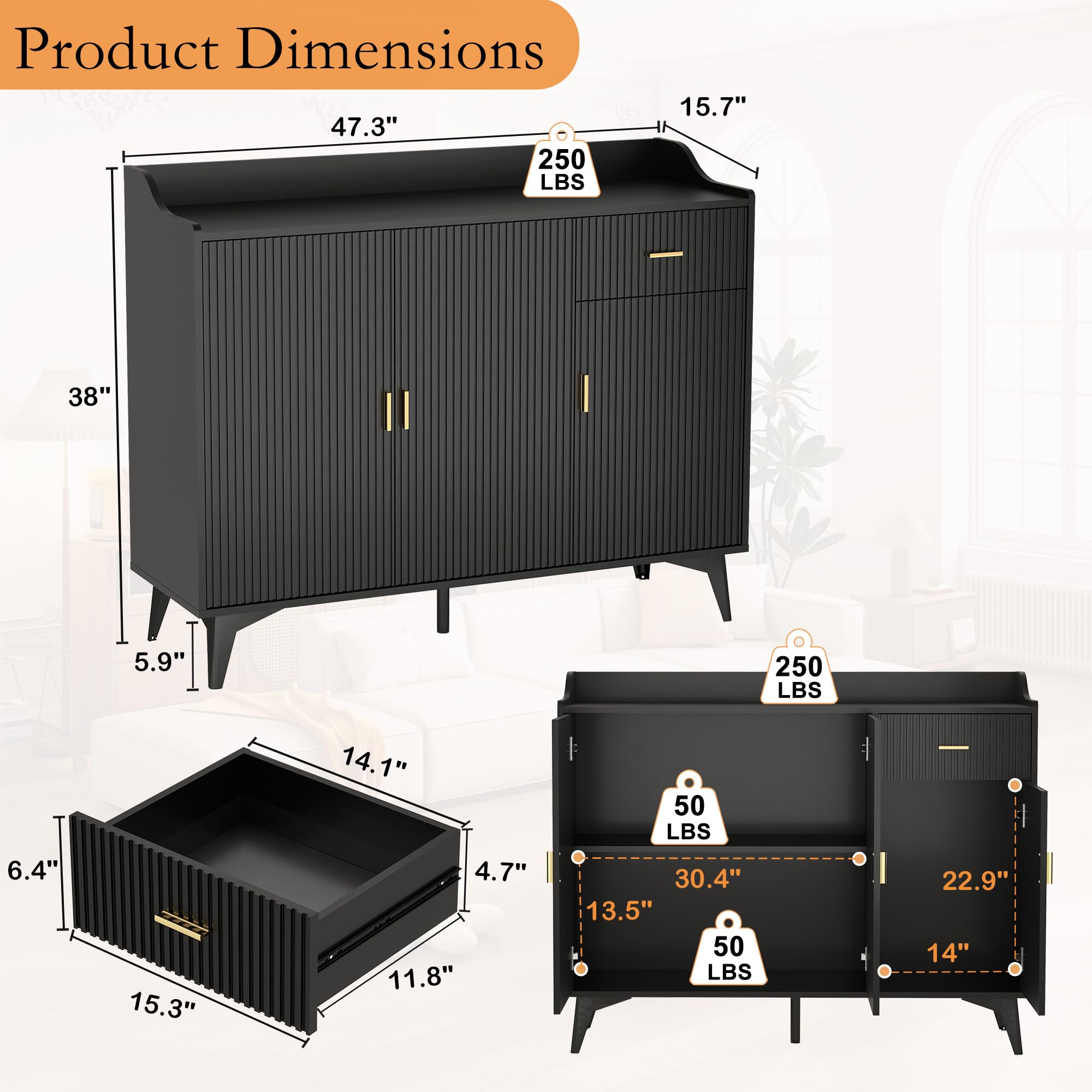 Fluted Sideboard Buffet Cabinet with Storage