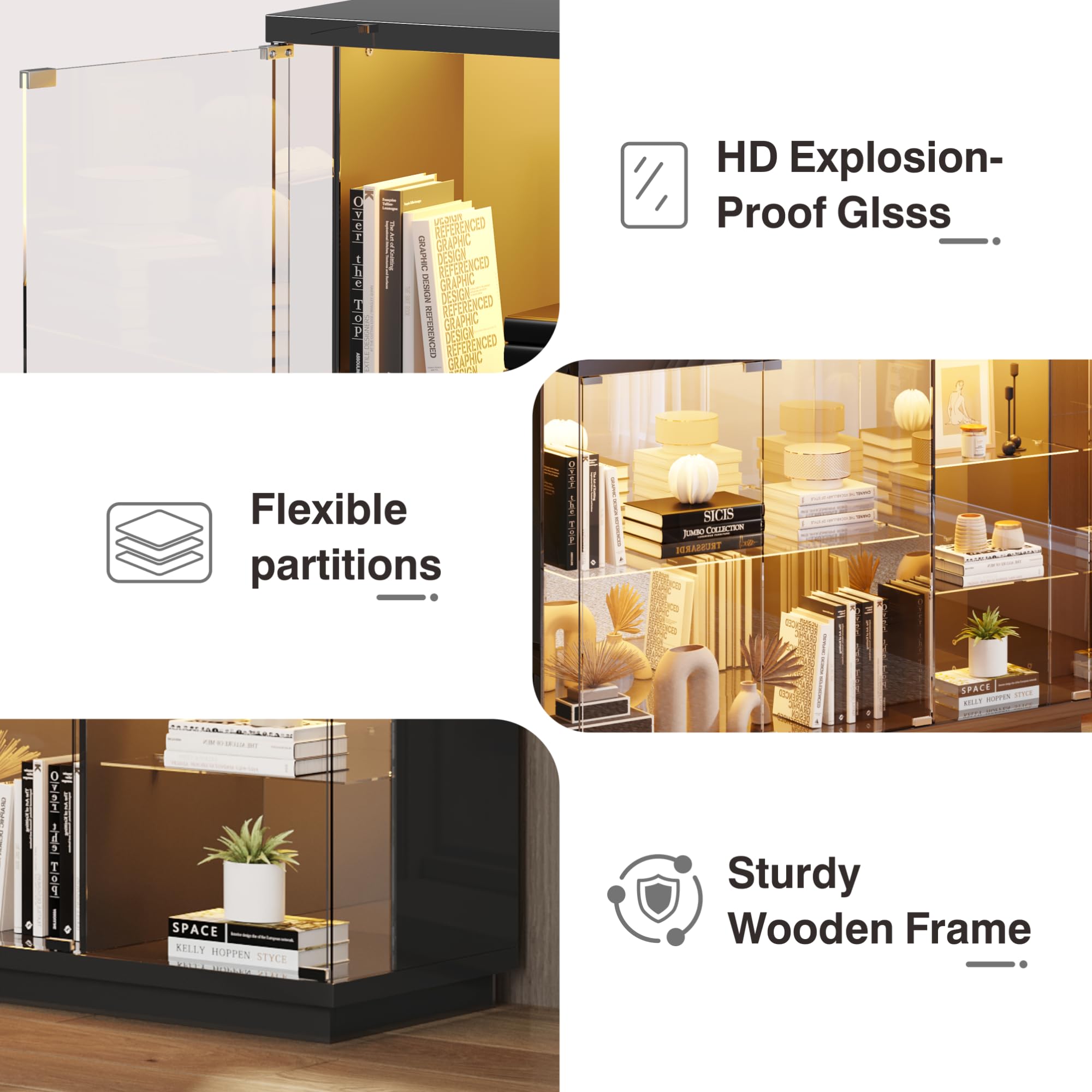 Glass Display Cabinet with LED Light & Lock