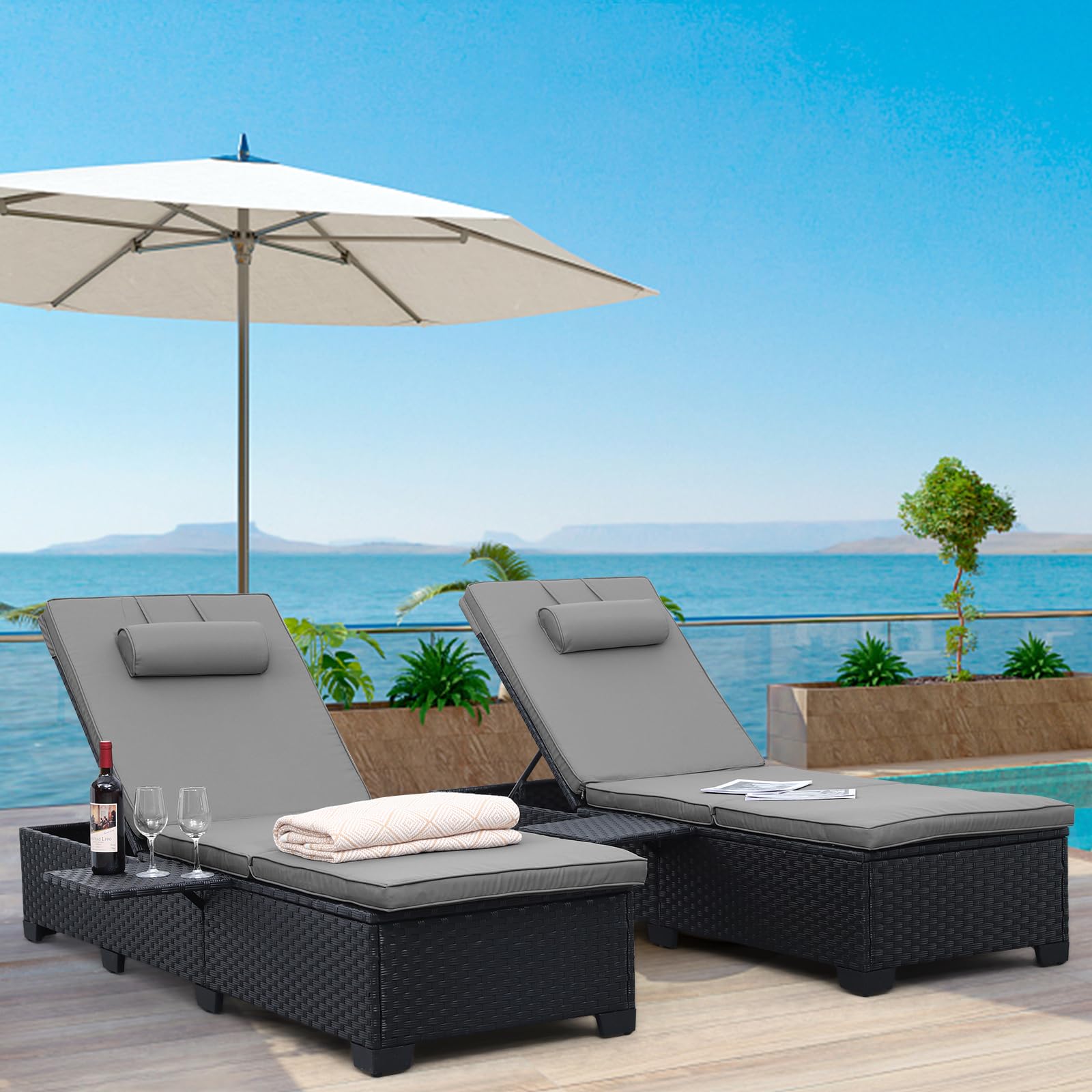 Outdoor Wicker Chaise Lounge Set of 2 with Cushions & Side Shelf