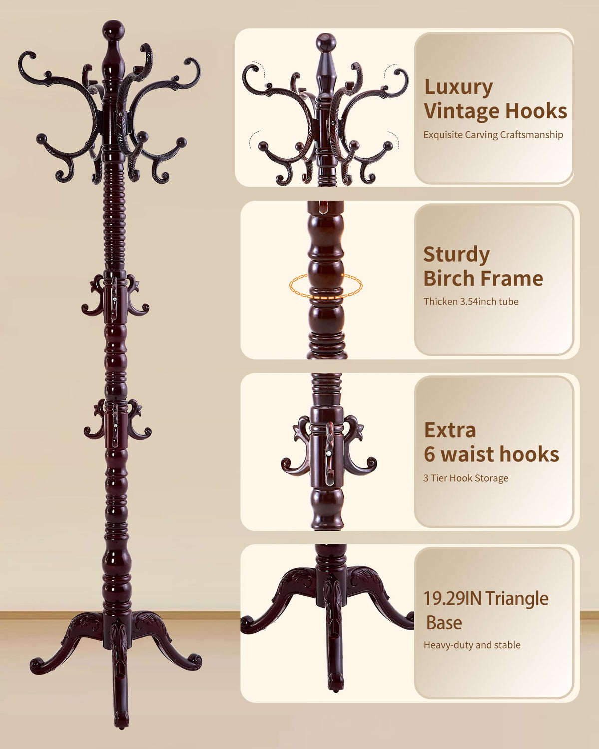 EZIVIEZ Coat Rack Vintage Solid Wood Coat Rack Freestanding with 14 Hooks