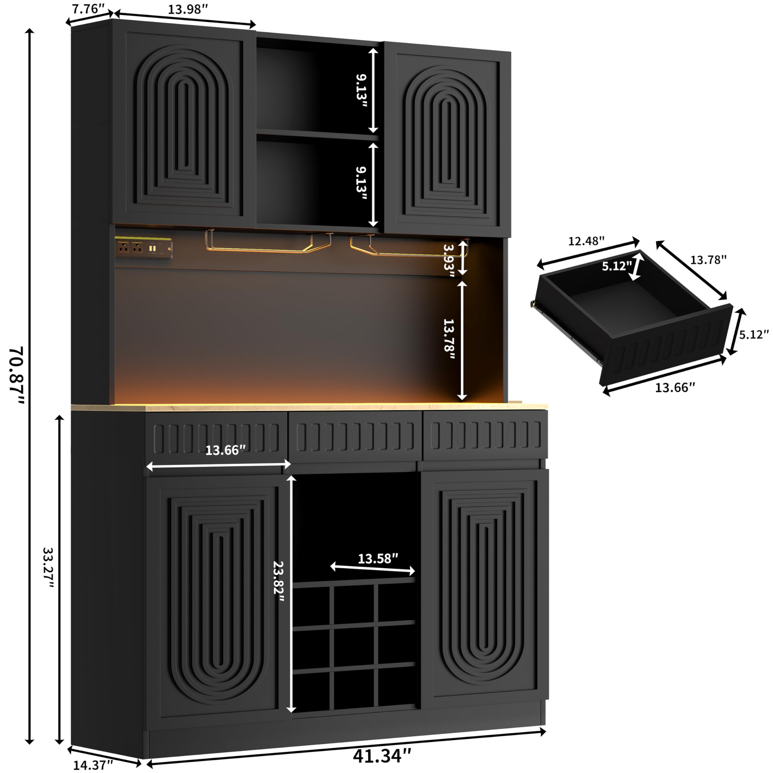Gyfimoie 71-Inch Tall Wine Bar Cabinet with LED Lights, Modern Fluted Coffee Bar Cabinet with Charging Station & 9-Cube Wine Glass Rack, Pantry Hutch for Dining Room and Kitchen (Black)