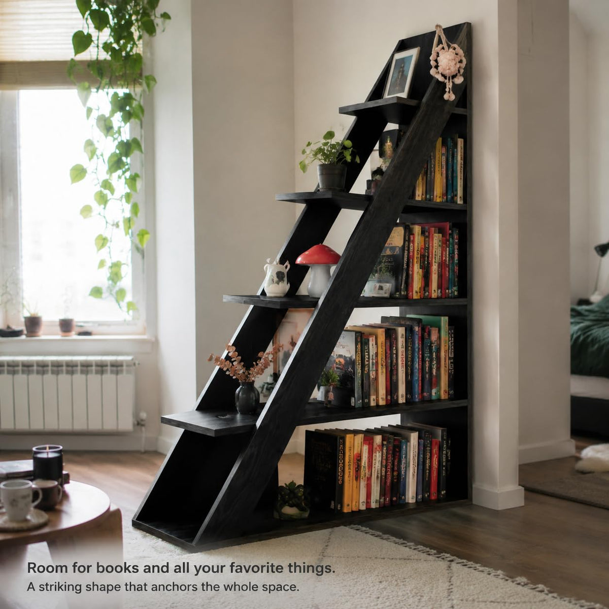 Black 5-Tier Ladder Bookshelf