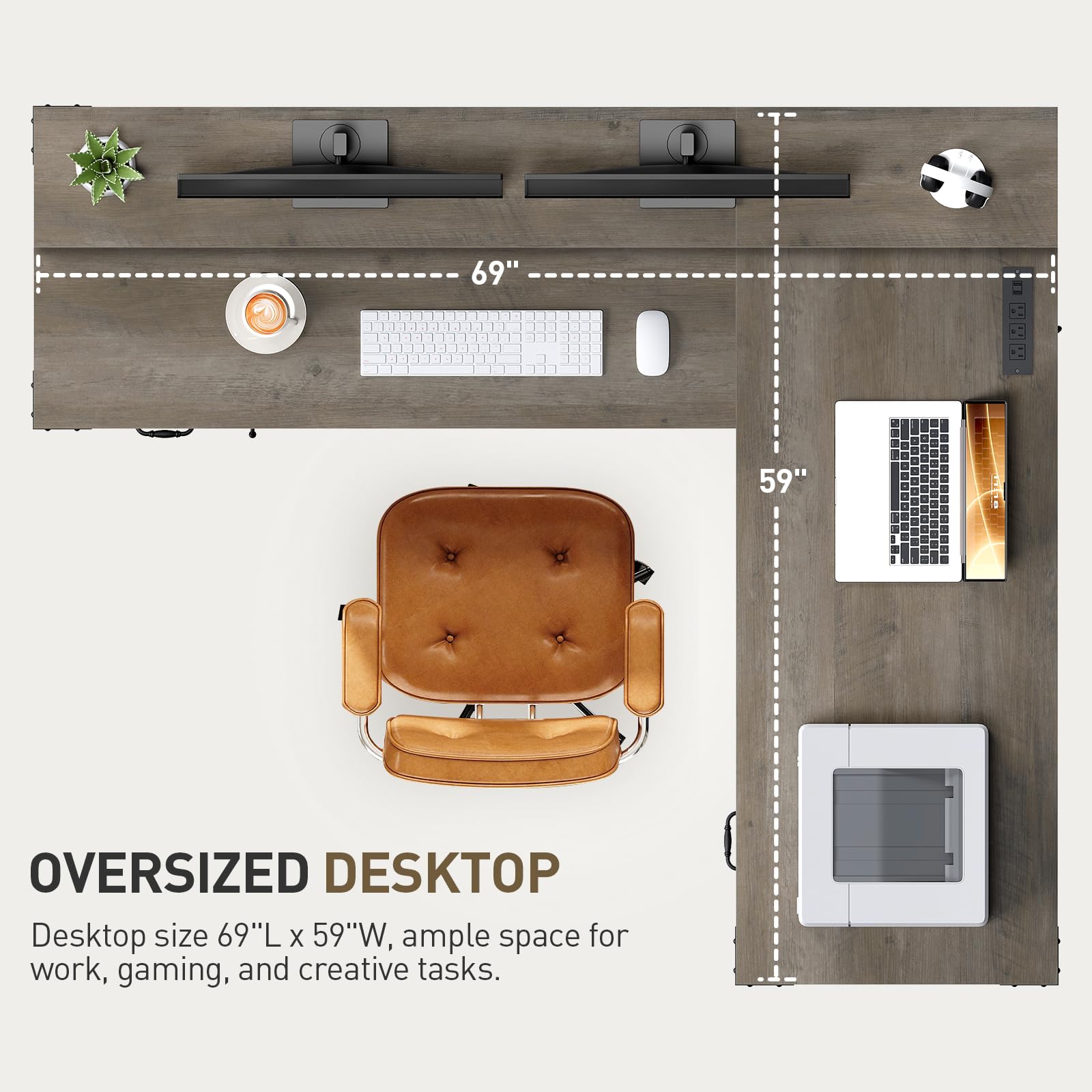 RALGEND Farmhouse 69" Executive L Shaped Desk with Drawer, Home Office Desk with Charging Station, Corner Computer Desk with Monitor Stand, File Drawer, Storage Cabinet, Greige