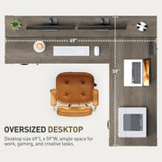 RALGEND Farmhouse 69" Executive L Shaped Desk with Drawer, Home Office Desk with Charging Station, Corner Computer Desk with Monitor Stand, File Drawer, Storage Cabinet, Greige