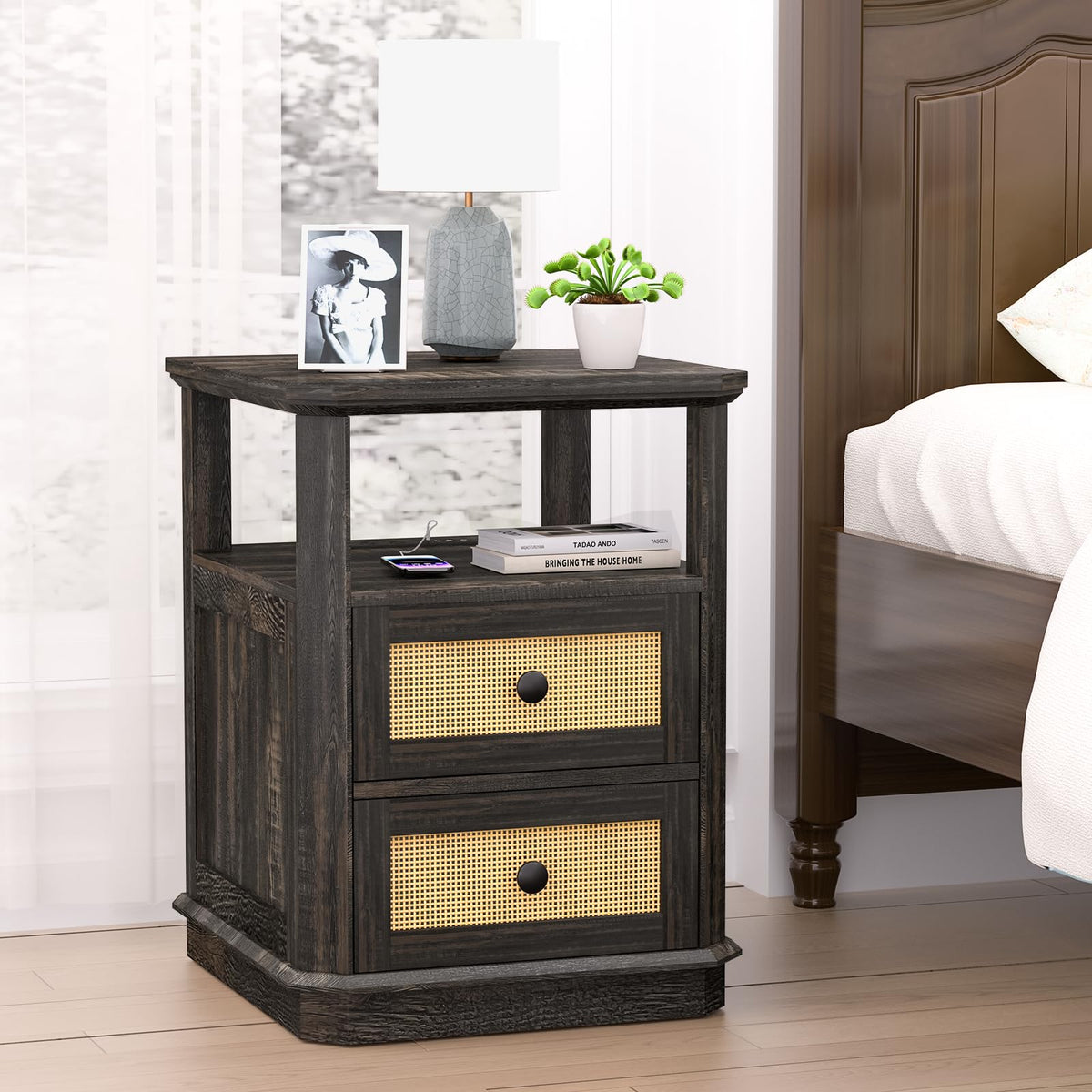 REDAYFUR End Table with Charging Station, 18" Small Modern Farmhouse Nightstand with Rattan Drawers, Tall Bedside Table & 2-Drawer Dresser for Bedroom, Living Room, Hallway, Black