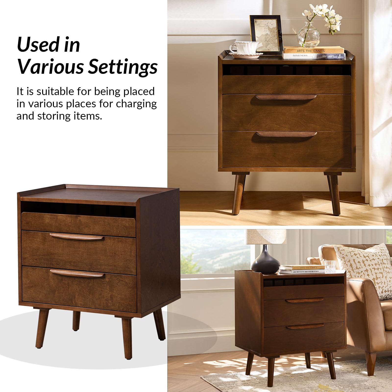 Mid-Century End Table with Charging Station & 3 Drawers