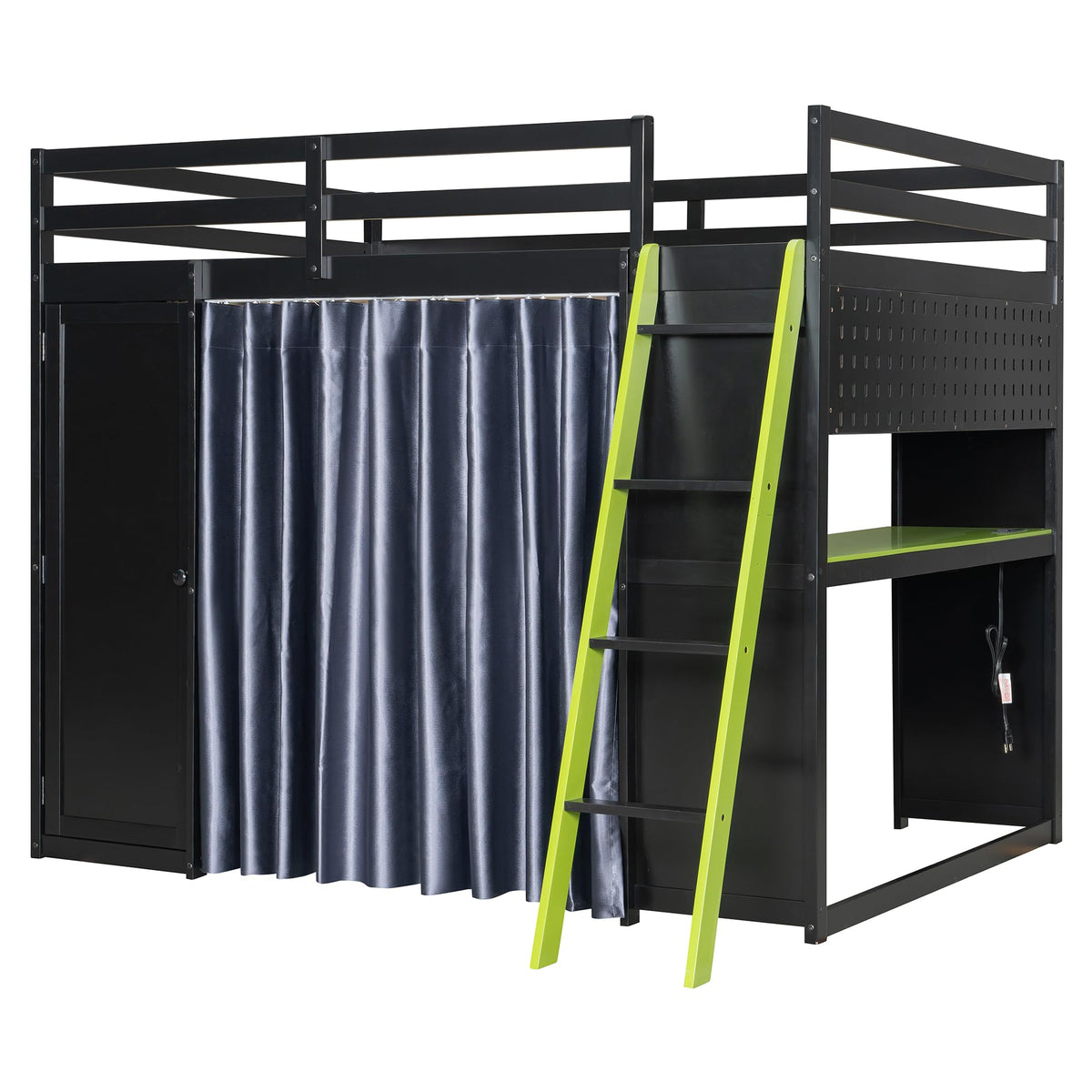 Merax Full Size Loft Bed with Desk and 6 Storage Shelves, Wardrobe, Blackout Curtain, Sturdy Wood Gaming Loft Bunk Bed Frame with USB Port & RGB Lights, No Box Spring Need, Space-Saving, Black+Green