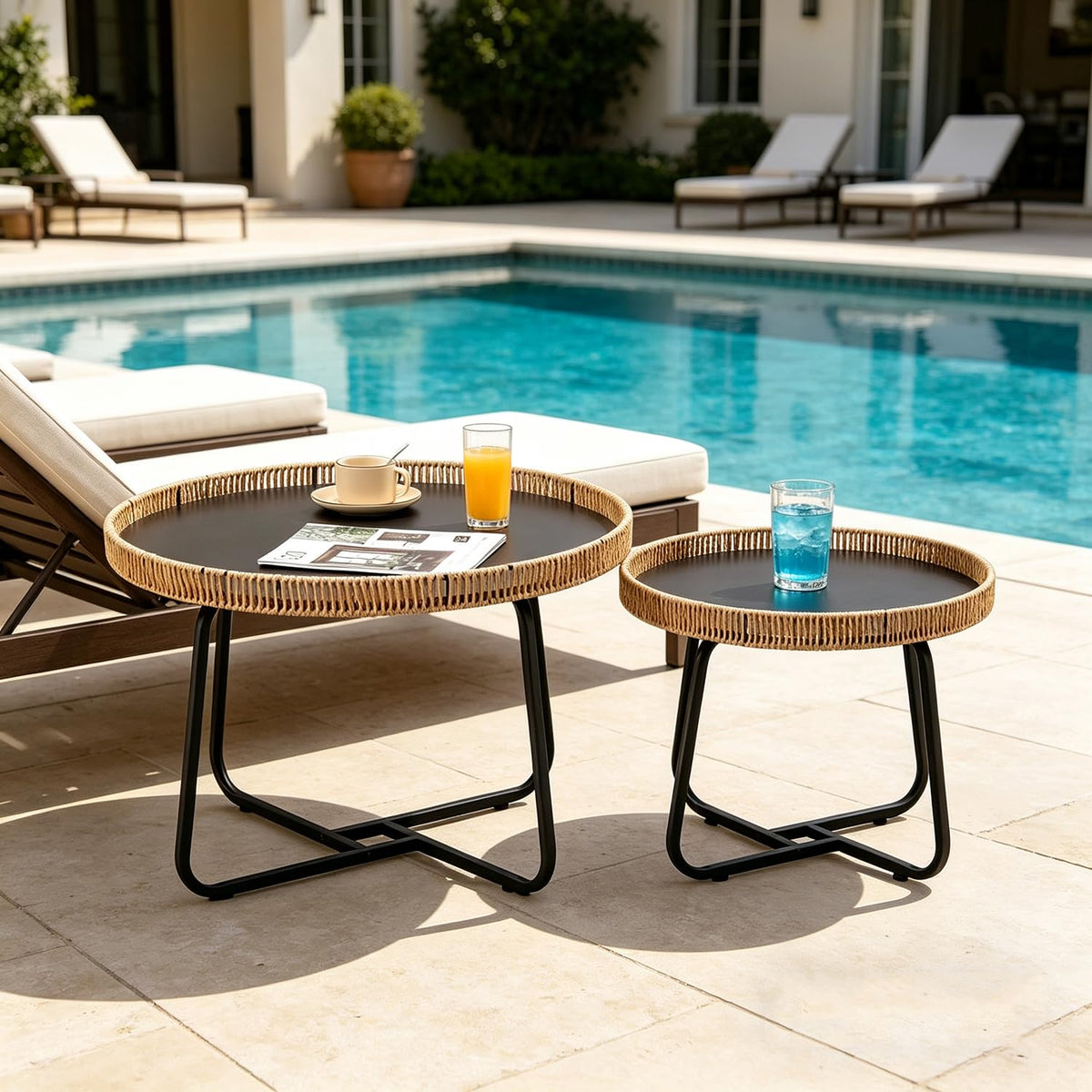 Round Nesting Coffee Table Set of 2, Wicker Small Side Table 27.6+19.7 inch