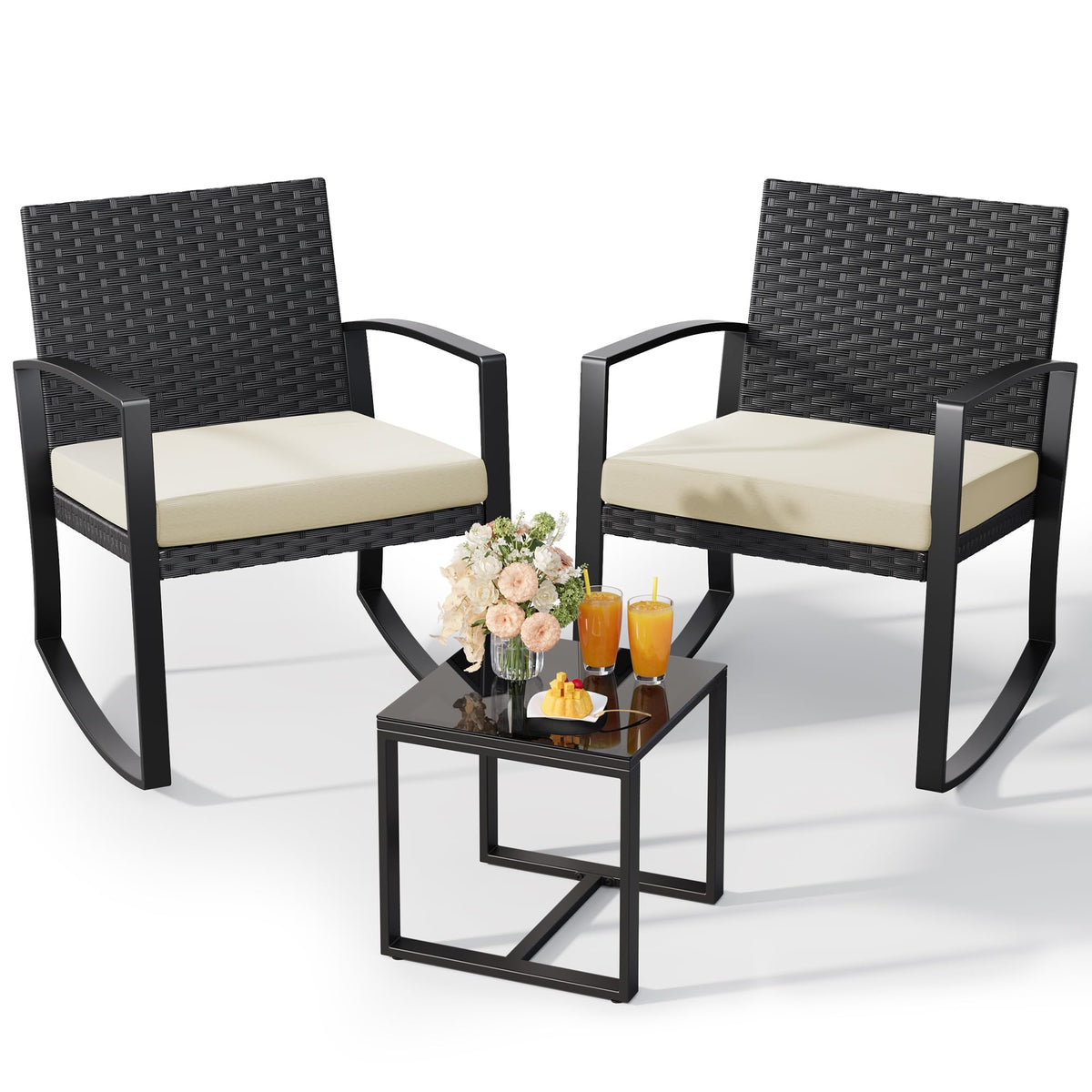 Qsun 3 Pieces Porch Furniture Set Patio Rocking Bistro Set Outdoor Patio Chairs Rattan Conversation Sets with Coffee Table for Front Porch Garden Balcony Backyard Poolside (Beige Cushion)