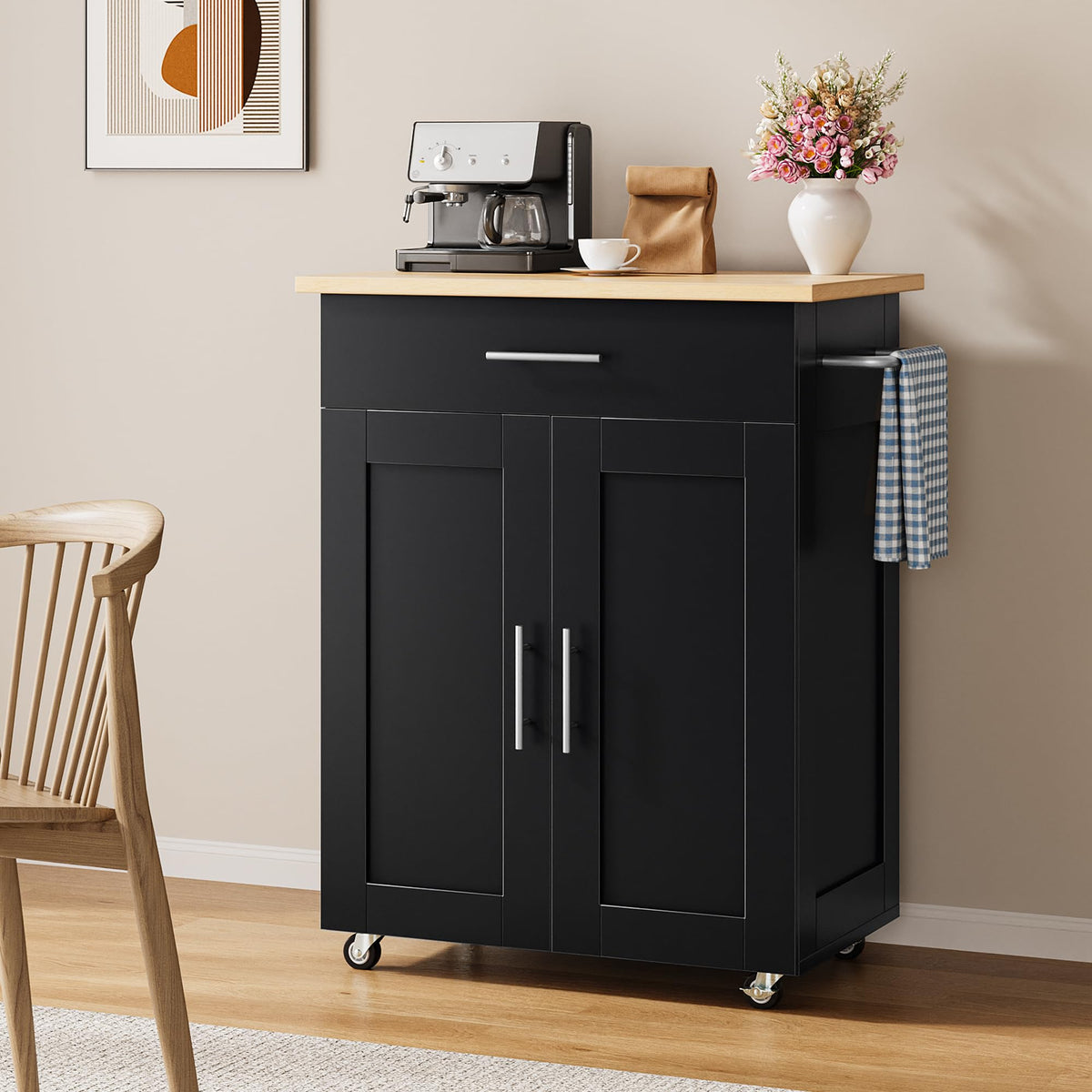 OtterOasis Mobile Kitchen Island on Wheels, Large Drawer, Black