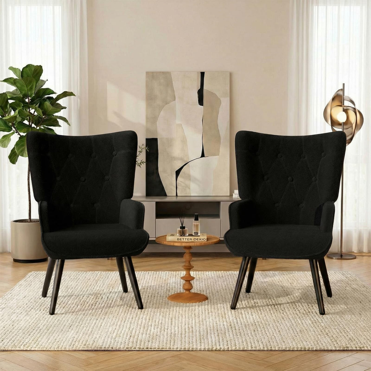 Black Teddy Wingback Chairs, Set of 2