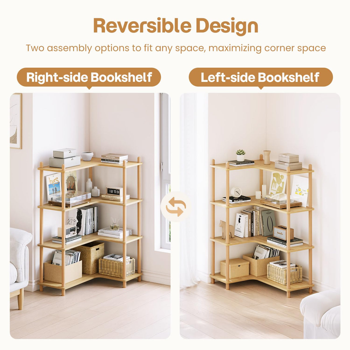 LUSHF L-Shaped Open Corner Bookshelf - 4-Tier Freestanding Bookcase, Oak