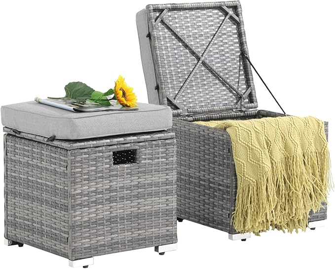 Outdoor Rattan Storage Ottoman Set of 2