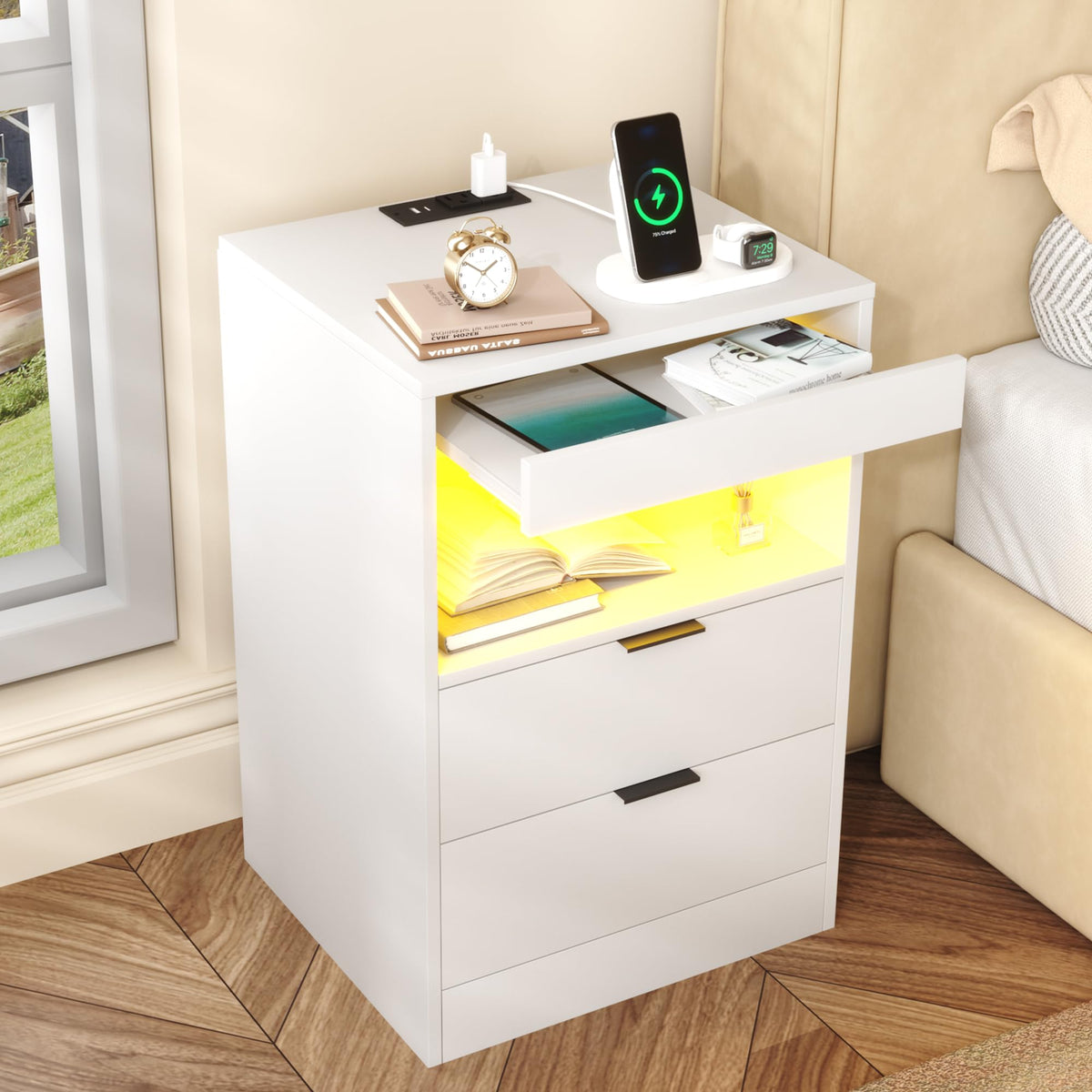 LED Nightstand with Charging Station