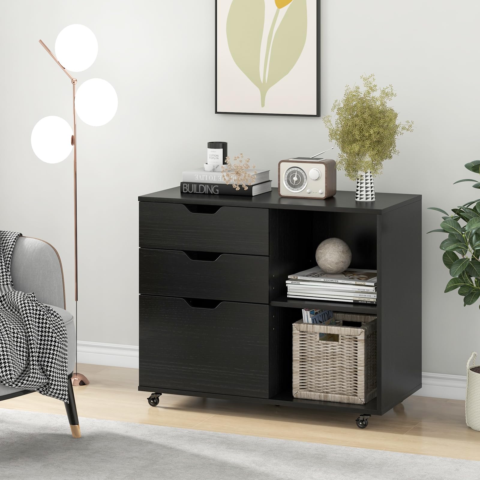 3-Drawer Rolling File Cabinet with Adjustable Shelf