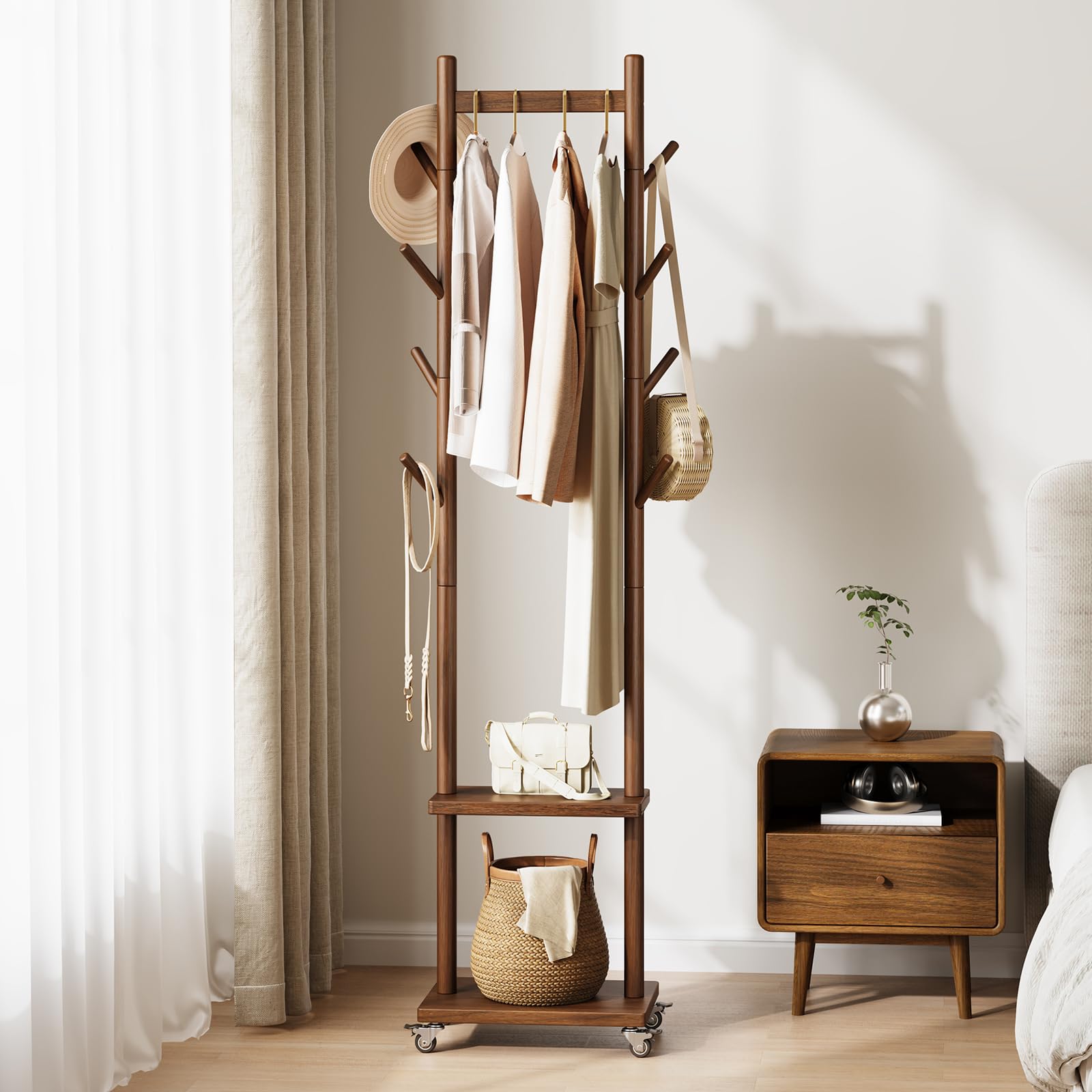 Solid Wood Rolling Coat Rack with Hooks & Shelves