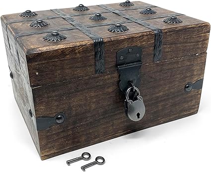 Handcrafted Wooden Treasure Chest with Antique Iron Lock & Skeleton Key