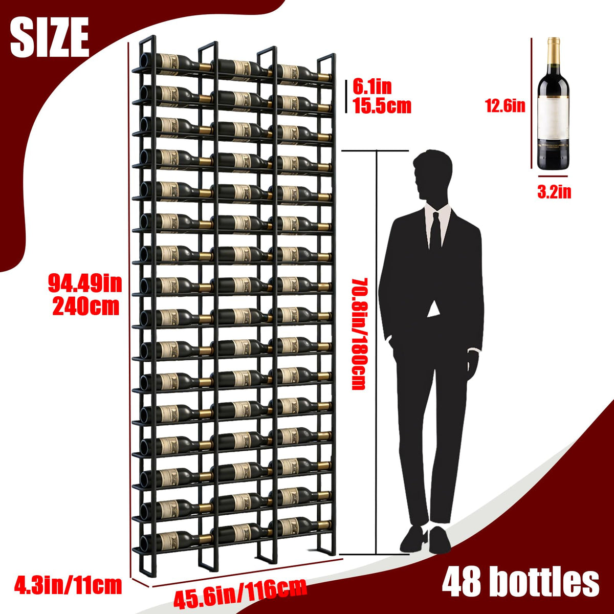 amhricho Large Wall Mounted Wine Rack, (Black, 3 Cols (48 Bottles))