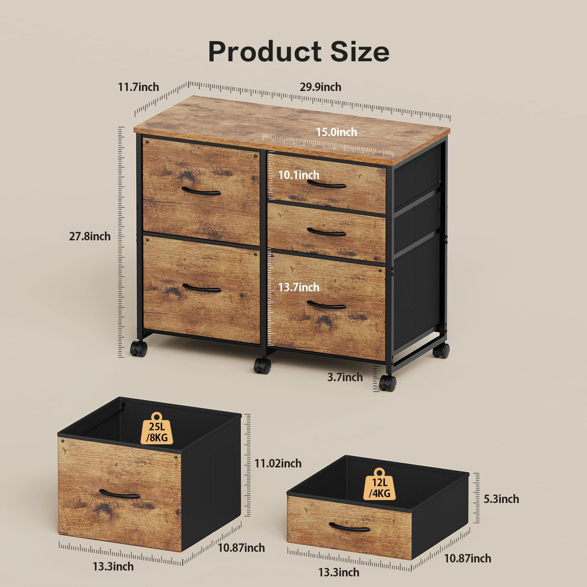 5-Drawer Rolling File Cabinet