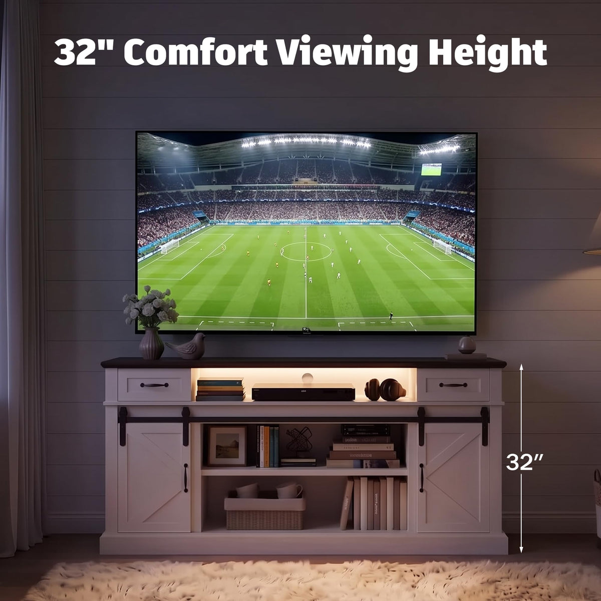 70" Farmhouse TV Stand w/LED for 70-80in TVs, 32" Tall Entertainment Center