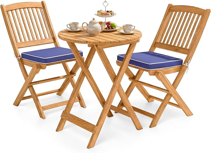 3-Piece Folding Acacia Wood Patio Bistro Set with Cushioned Chairs