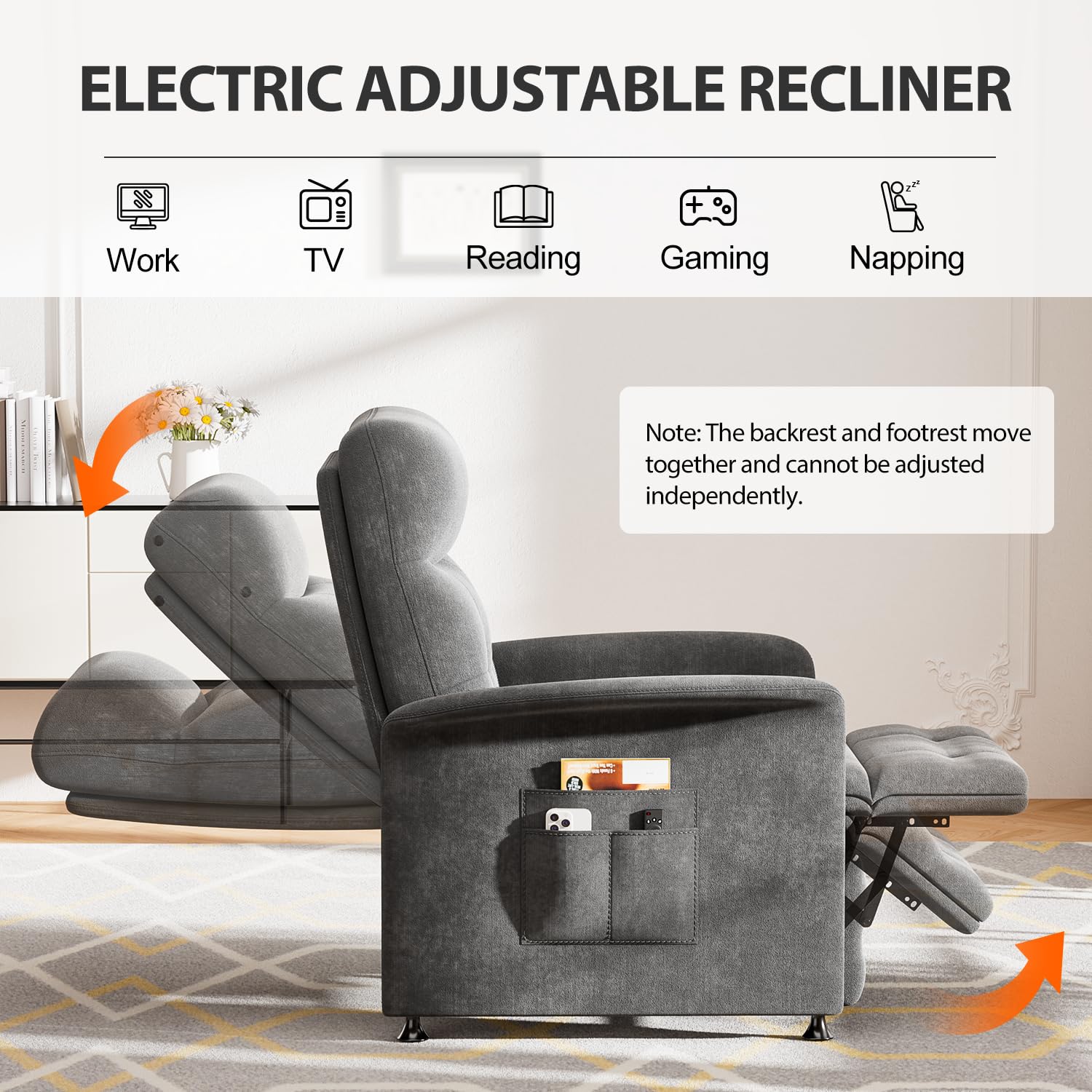 LegacyAmerhome Power Recliner Chair for Adults with Heat & Massage - Soft Fabric Electric Reclining Sofa with Remote Control, 180° Lay Sleeper 3 Side Pockets for Living Room Home Theater, Dark Grey