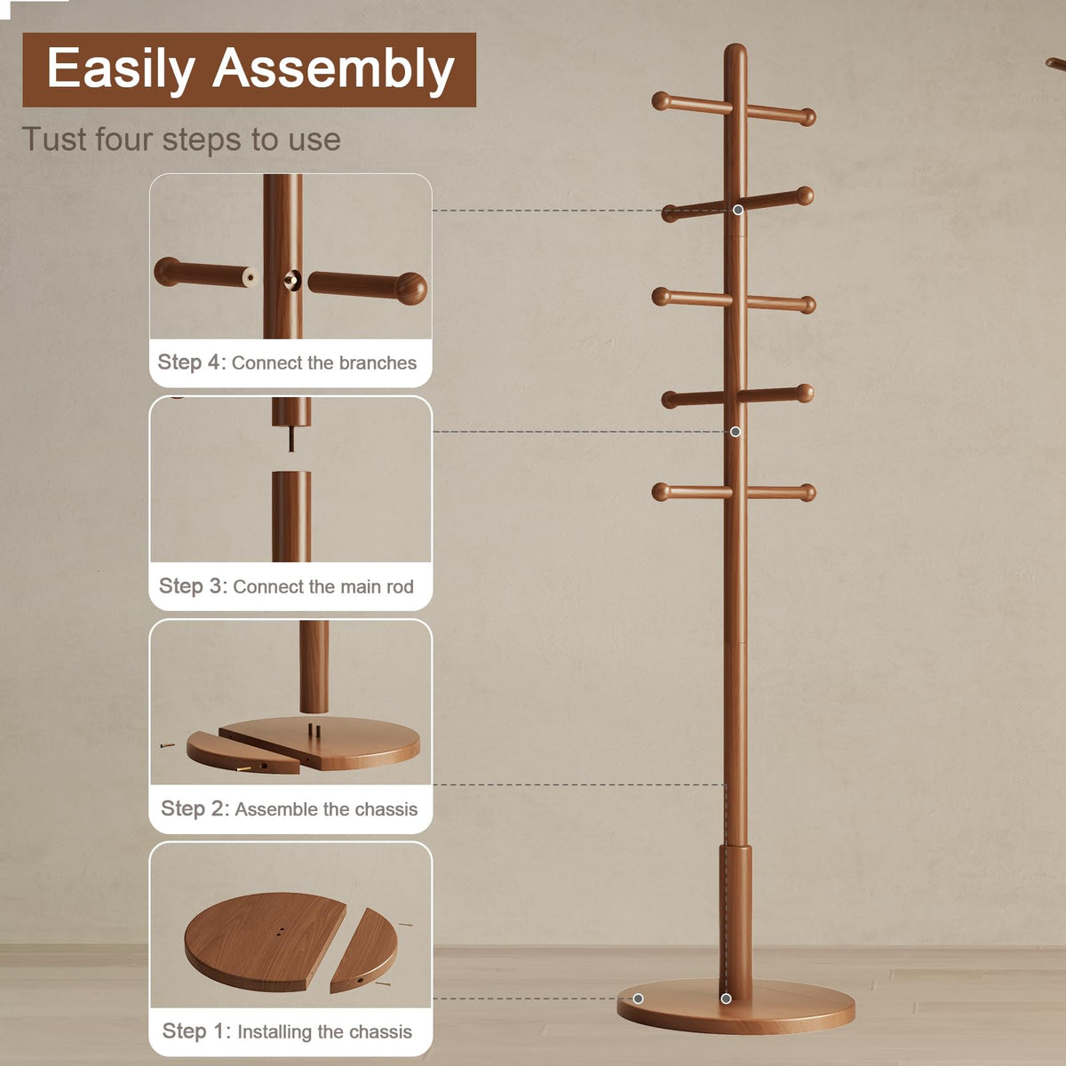 Solid Wood Coat Rack with 10 Hooks