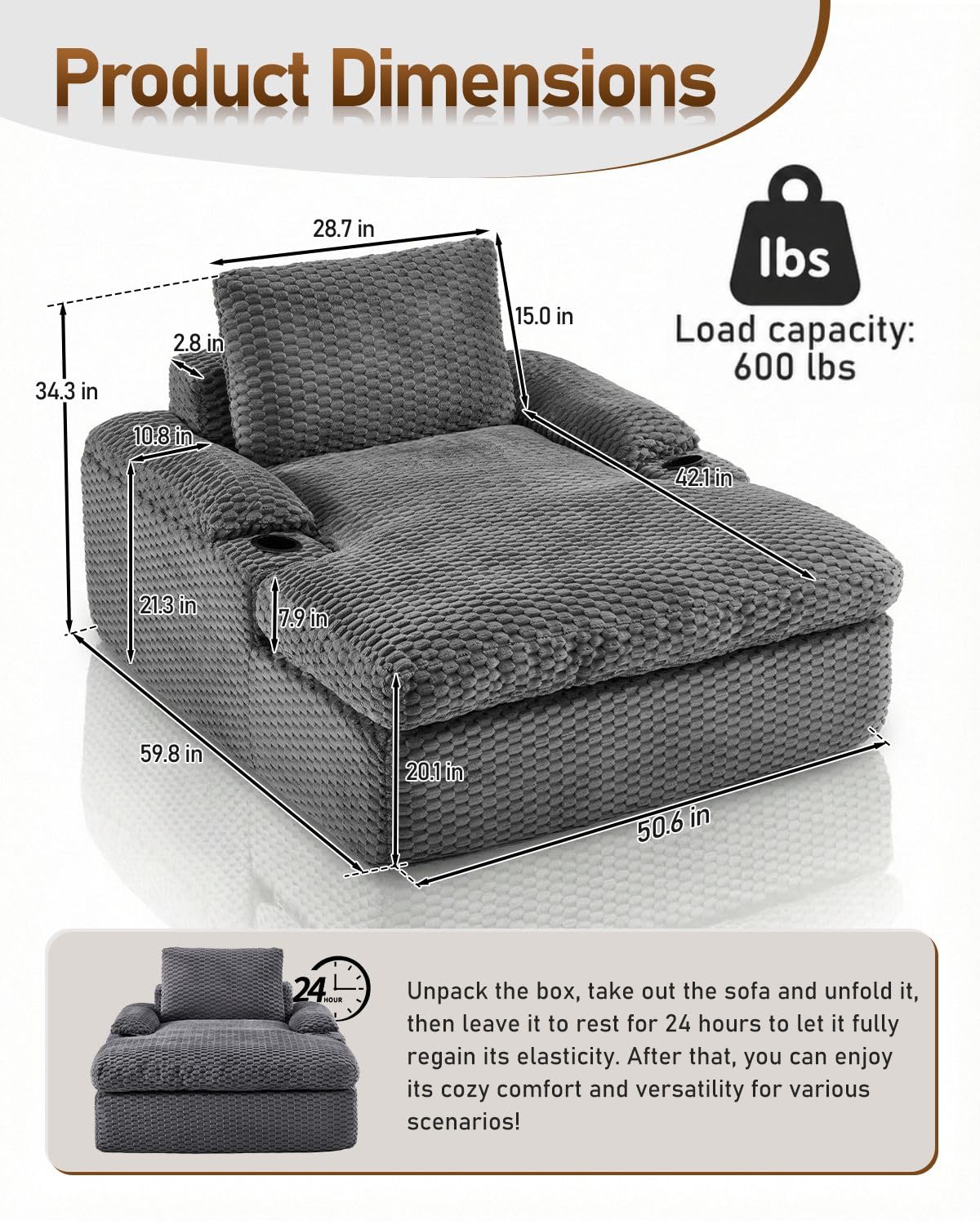 Karl home 59.8" Chaise Lounge Chair Indoor,20.1" Deep Seat,Gray