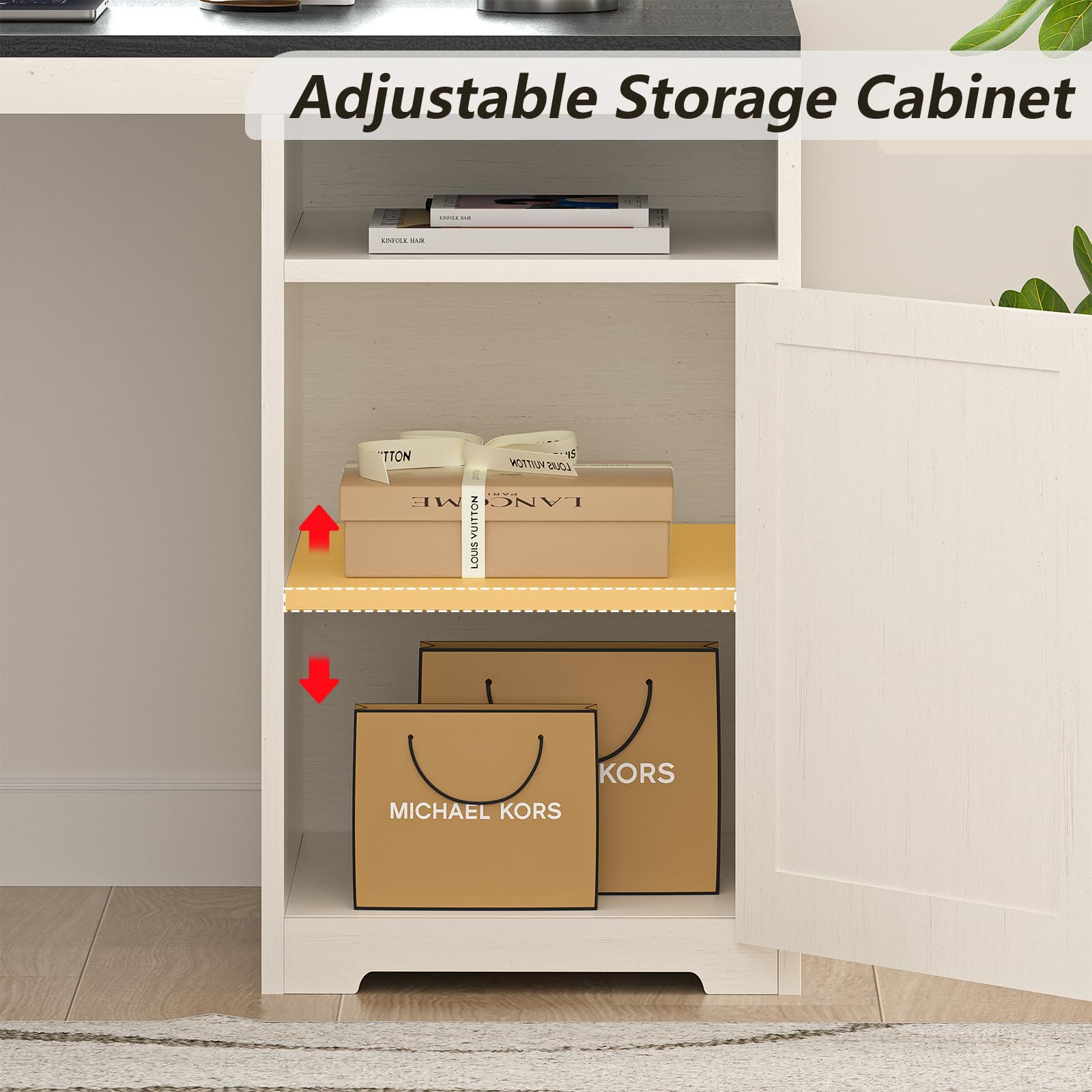 YOMILUVE 63" Farmhouse L Shaped Executive Desk with Drawers & Storage Shelf, Corner Computer Desk with Power Outlets, L Shaped Office Desk with Monitor Stand, Printer Shelf, Black and White