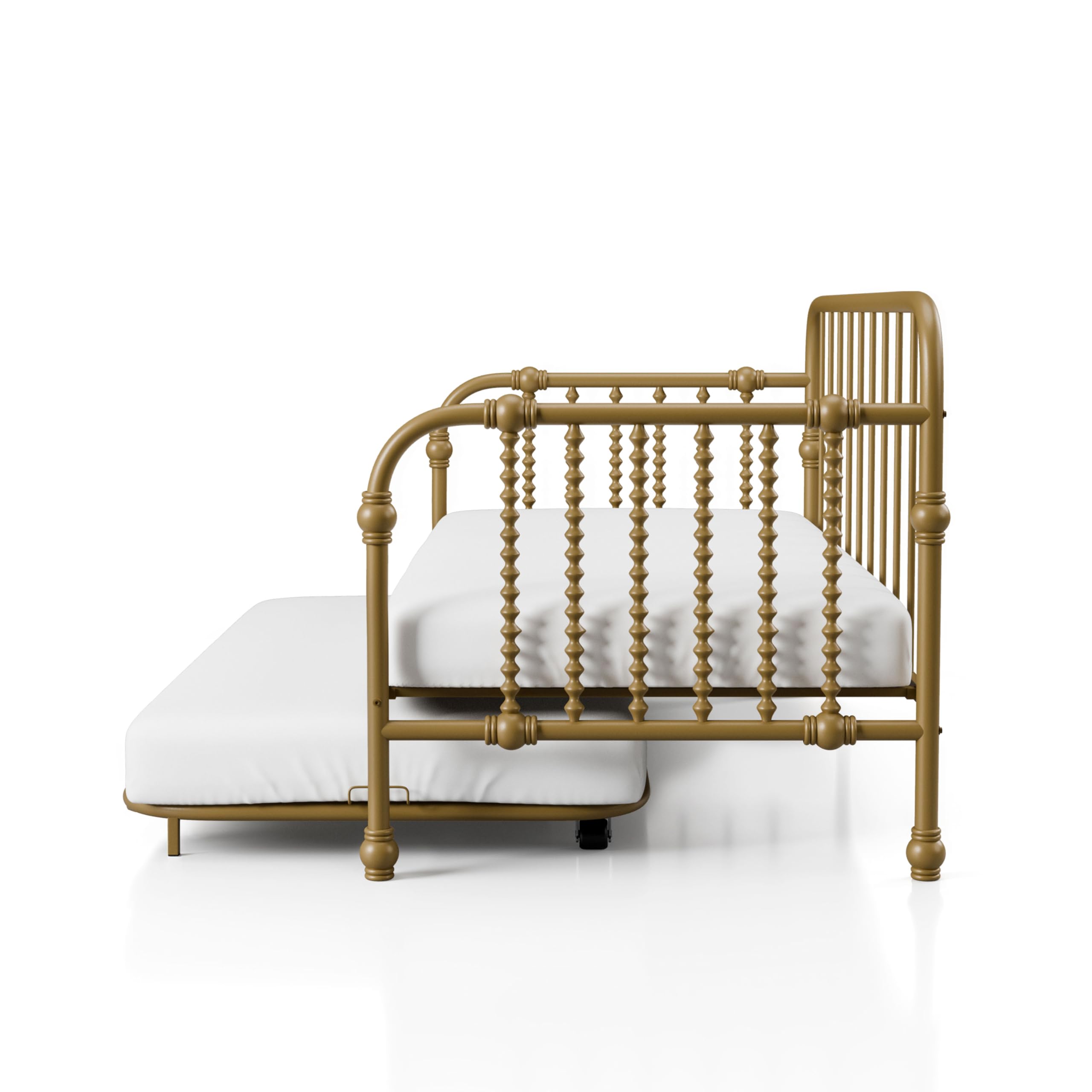 Furniture of America Wren Modern Metal Twin Size Daybed with Trundle and Wheels, Sofa Bed with Spindles and Checker-Box Frame for Living Room, Bedroom, Guest Room, Gold
