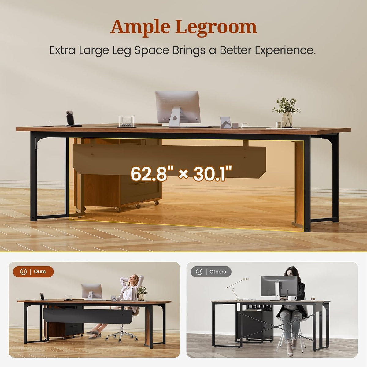 UPOSOJA 63" Executive Desk with Mobile File Cabinet, Large Office Desk with Drawer, Modern L Shaped Desk with Power Outlets, Storage Shelves, Corner Computer Desk Business Workstation Set (Walnut)